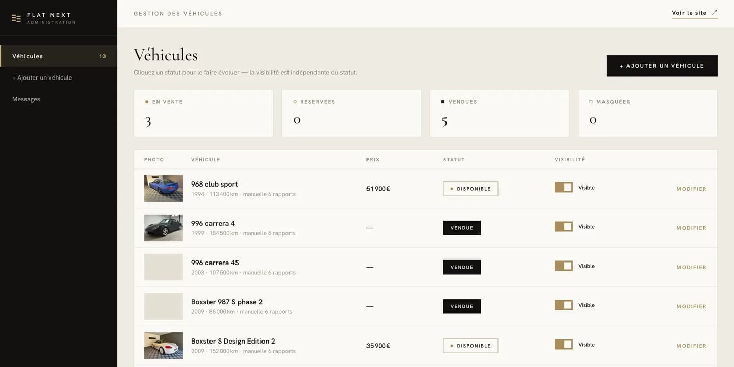 Back-office FLAT NEXT : gestion des véhicules, statuts et visibilité