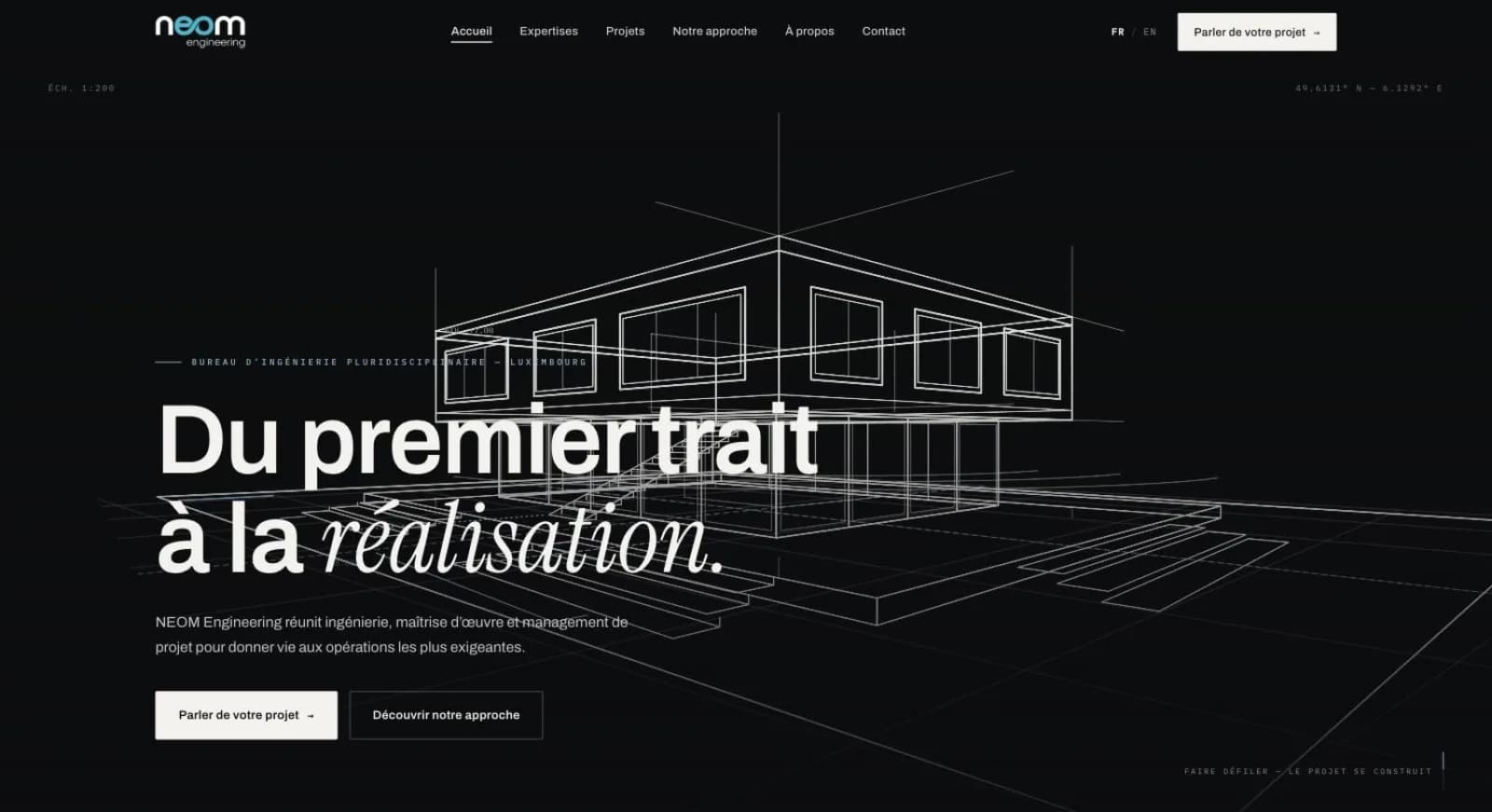 Page d'accueil du site NEOM Engineering, réalisé par PIVTECH